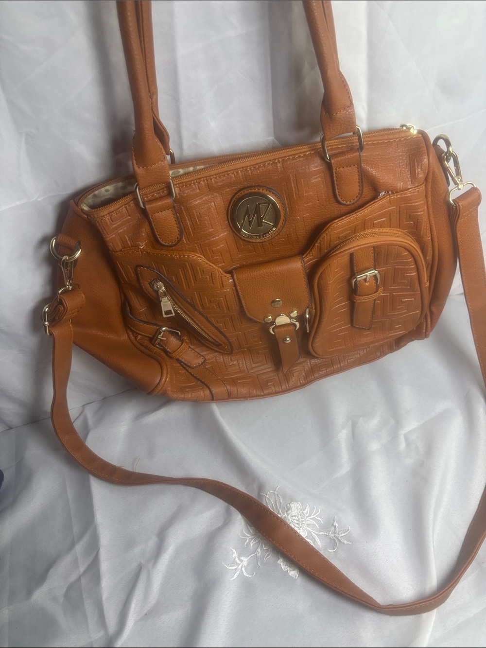 Cognac Embossed Leather Satchel with Gold Medallion - Picture 4 of 4